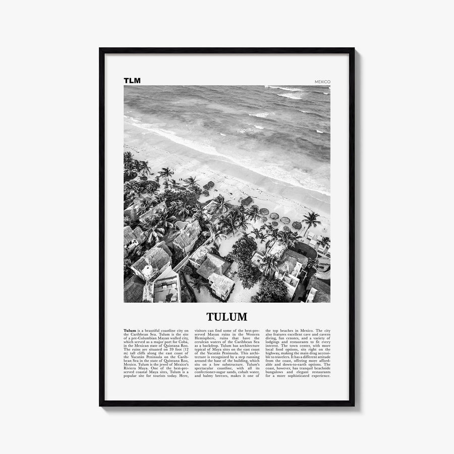 Tulum no. 2 black & white newspaper poster of Mexico – vertical wall art, unframed print shown in interior mockup