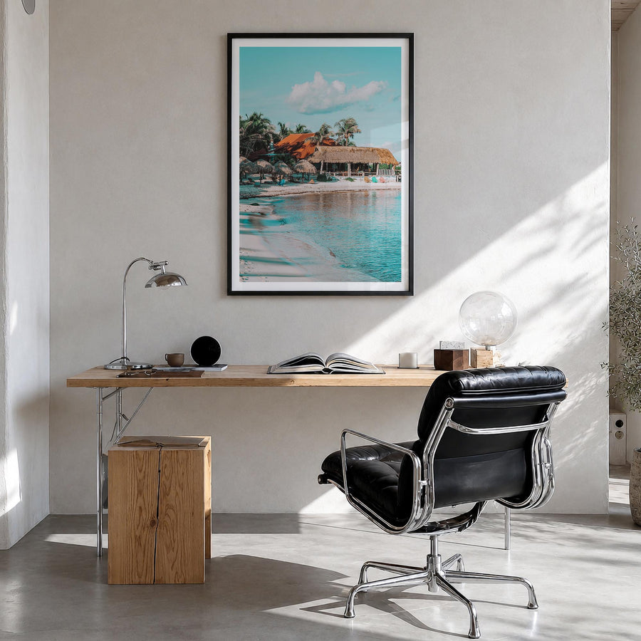 Tulum no. 1 colorful photo poster of Mexico – vertical wall art in black wood frame with white border, hanging on wall