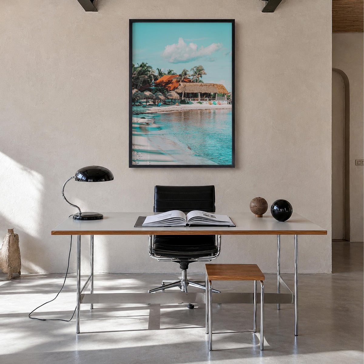 Tulum no. 1 colorful photo poster of Mexico – vertical wall art in black wood frame, hanging on wall