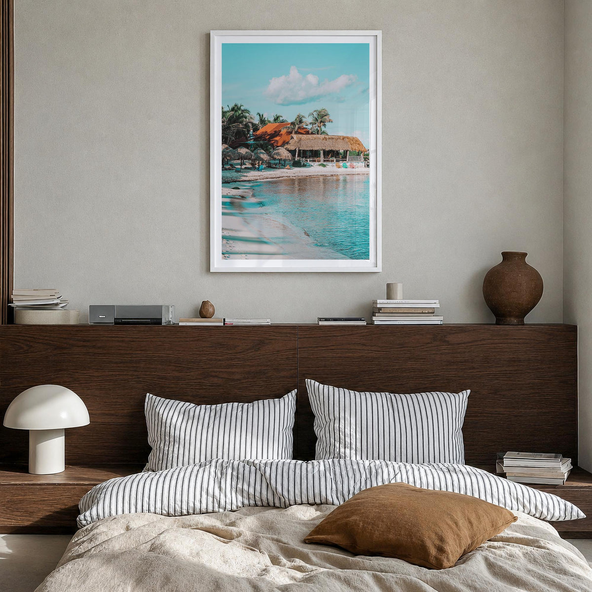 Tulum no. 1 colorful photo poster of Mexico – vertical wall art in white wood frame with white border, hanging on wall
