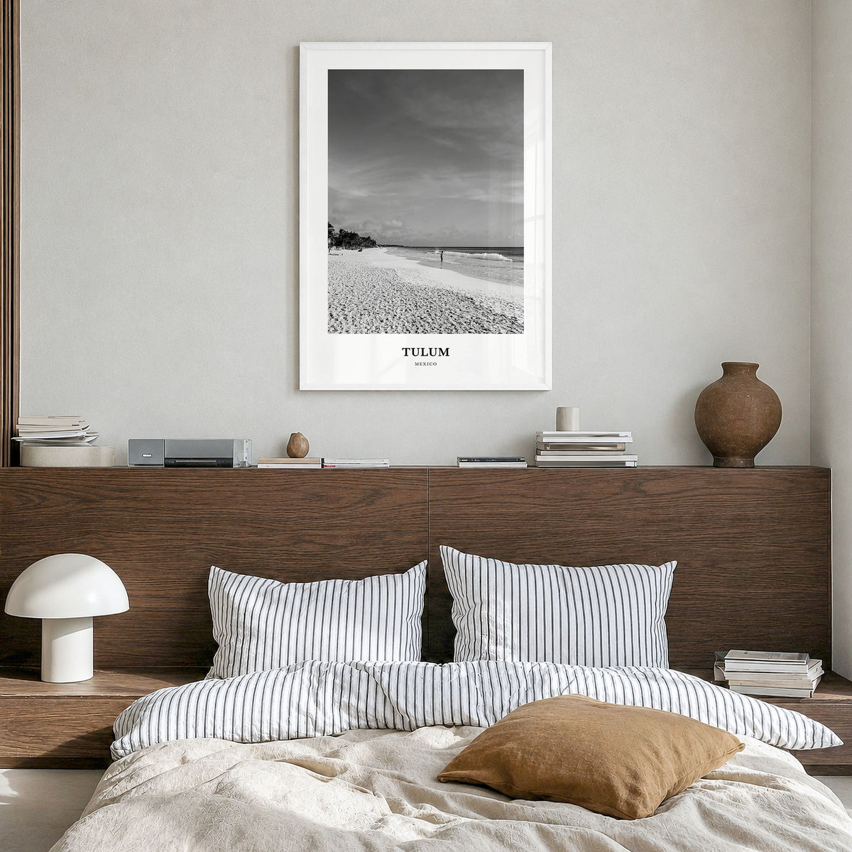 Tulum Classic No 1 Poster in a white wood frame, hanging in a bedroom