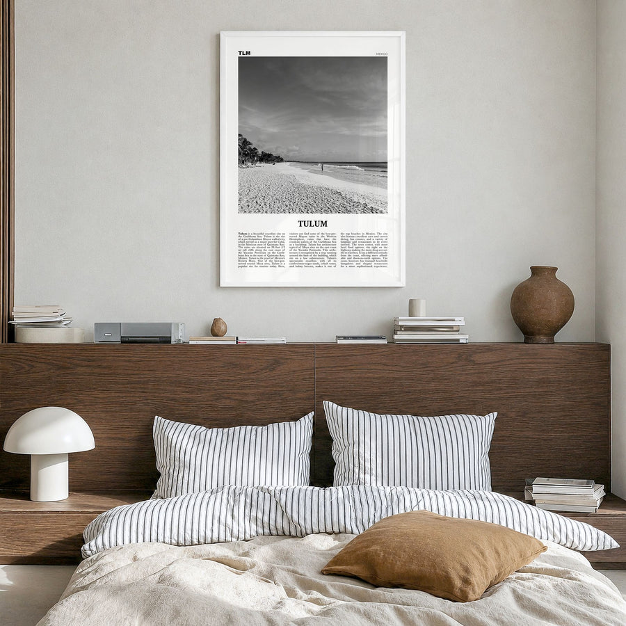 Tulum Newspaper No 1 Poster in a white wood frame, hanging in a bedroom
