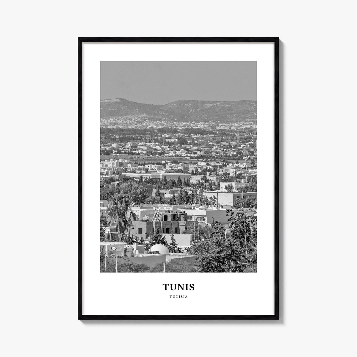 Tunis black & white classic poster of Tunisia – vertical wall art, unframed print shown in interior mockup