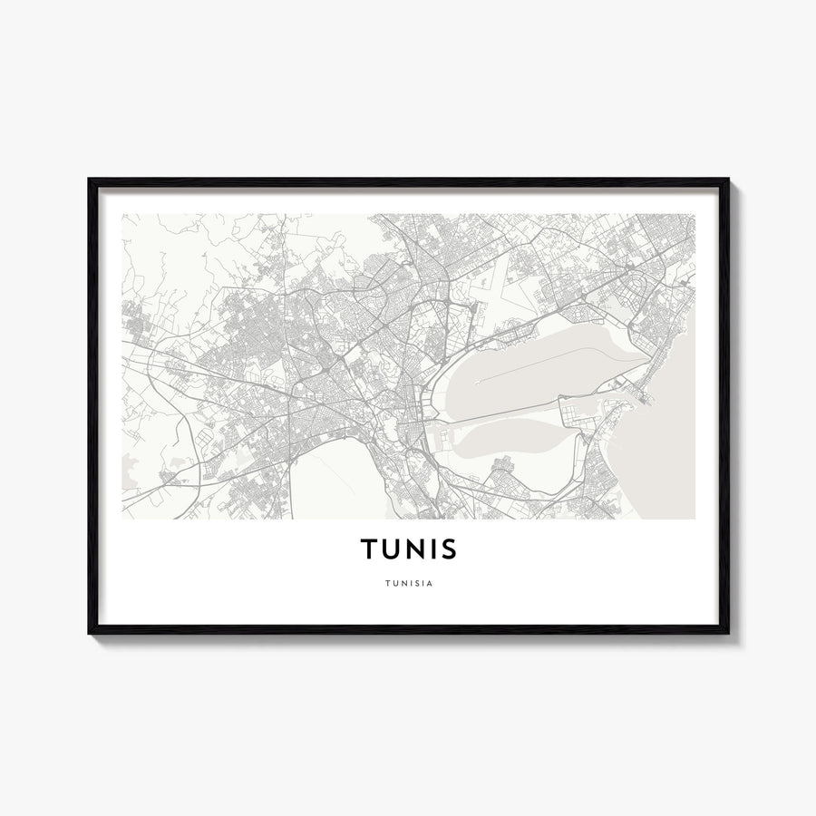 Tunis black & white map poster of Tunisia – horizontal wall art, unframed print shown in interior mockup