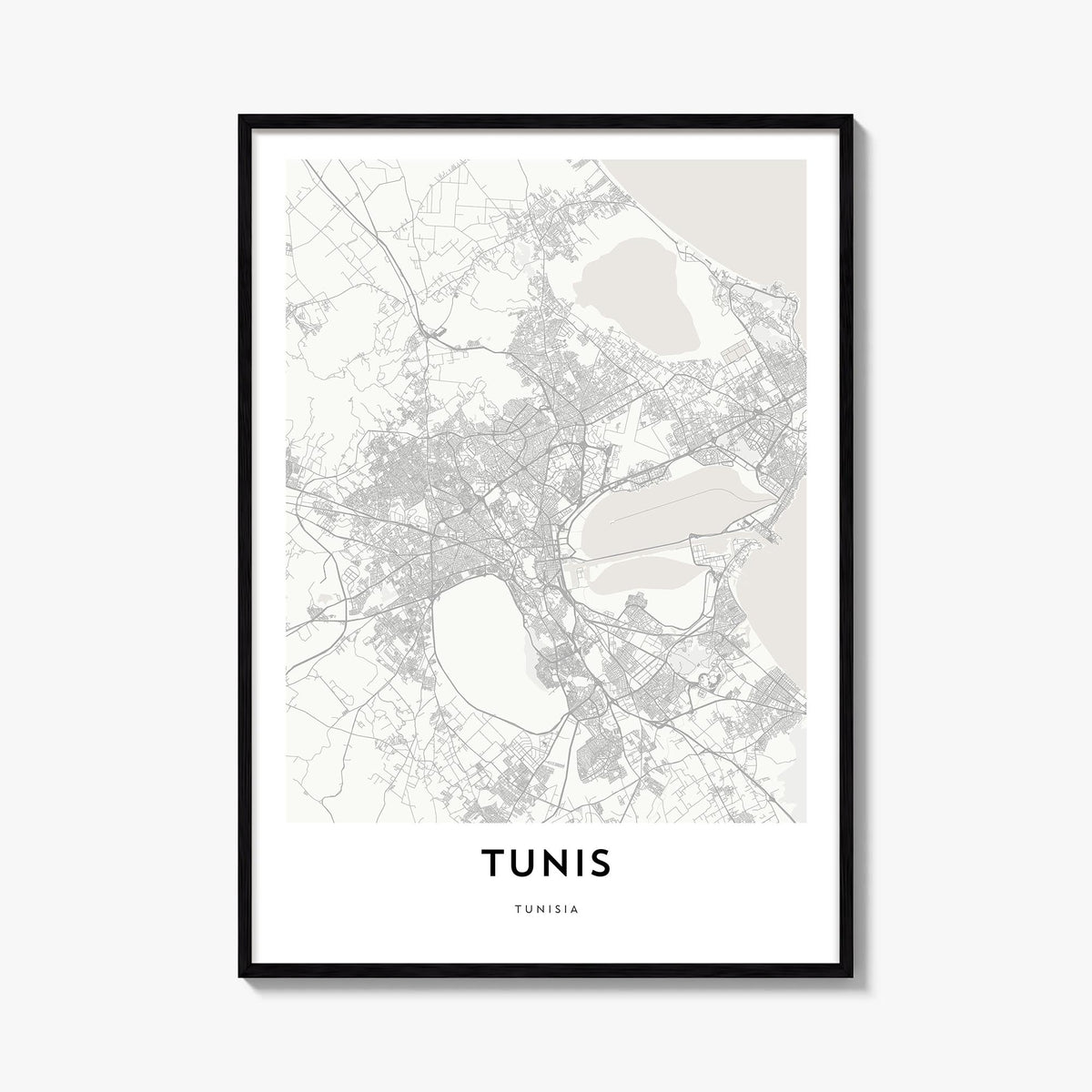 Tunis black & white map poster of Tunisia – vertical wall art, unframed print shown in interior mockup