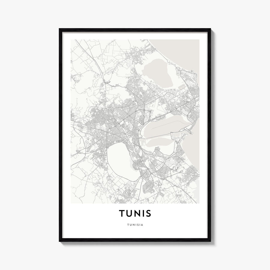 Tunis black & white map poster of Tunisia – vertical wall art, unframed print shown in interior mockup