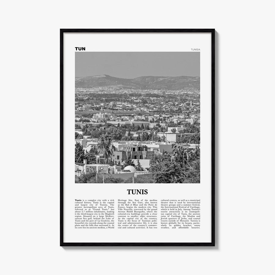Tunis black & white newspaper poster of Tunisia – vertical wall art, unframed print shown in interior mockup