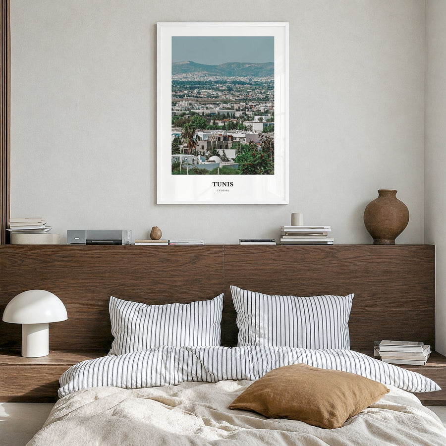 Tunis Classic Poster in a white wood frame, hanging in a bedroom