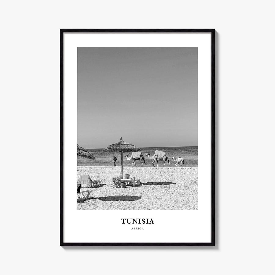 Tunisia black & white classic poster of Africa – vertical wall art, unframed print shown in interior mockup