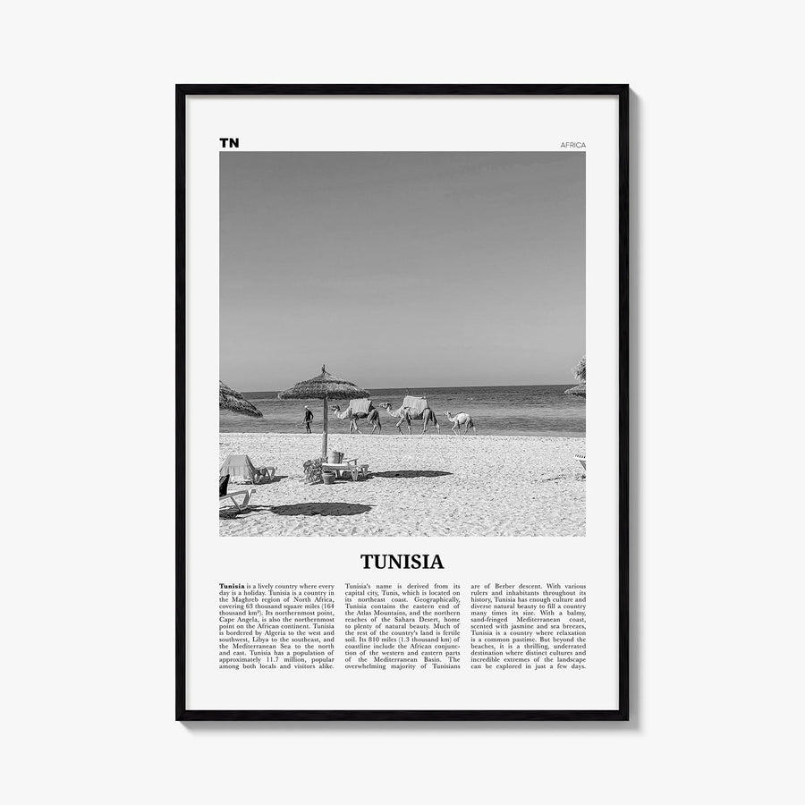 Tunisia black & white newspaper poster of Africa – vertical wall art, unframed print shown in interior mockup