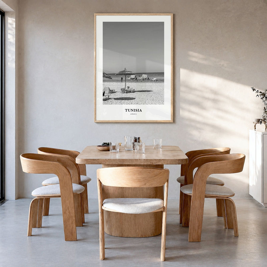 Tunisia Classic Poster in a natural wood frame, hanging in a dining room