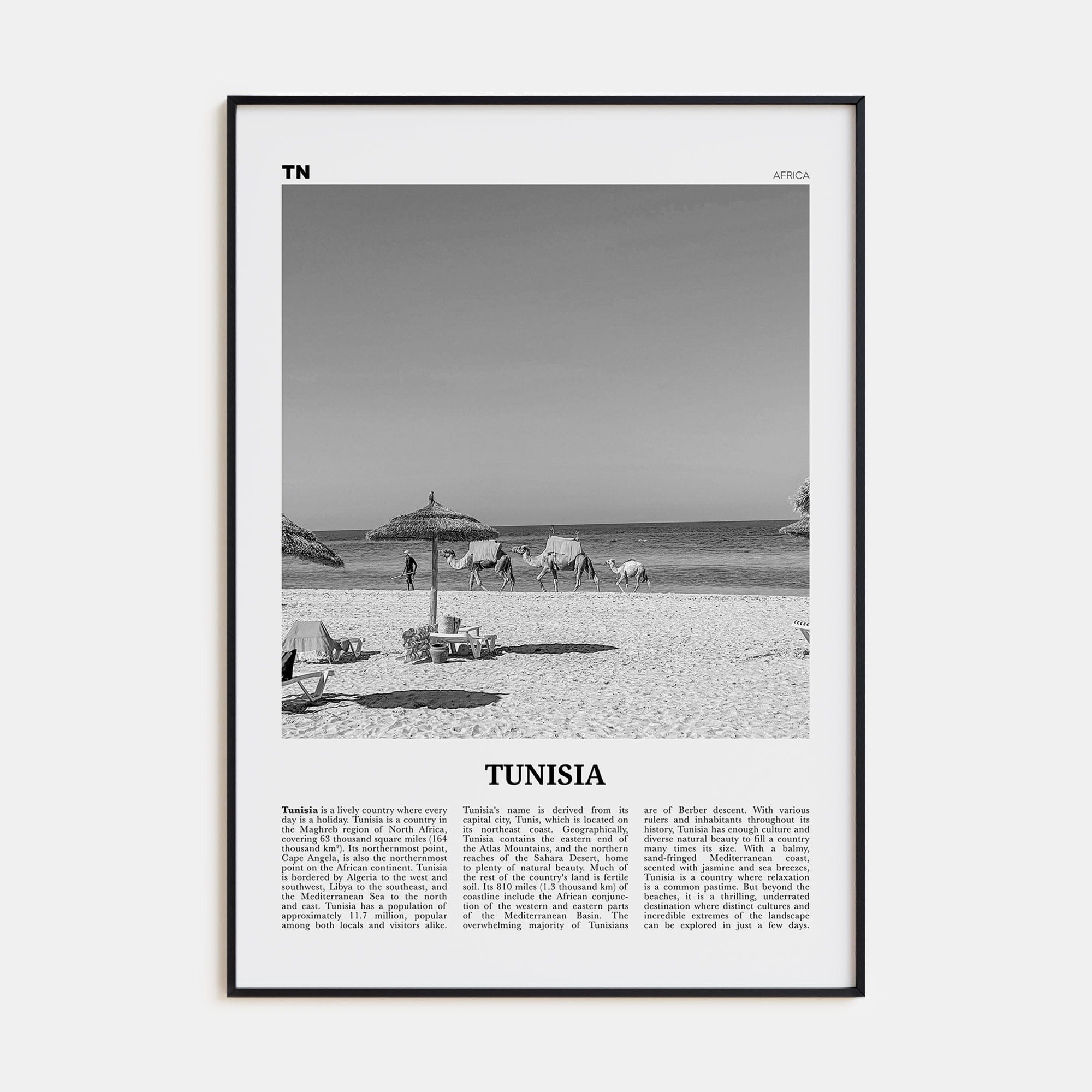 Tunisia Poster Black Metal / 8x12 in Nbourhood Travel B&W Poster