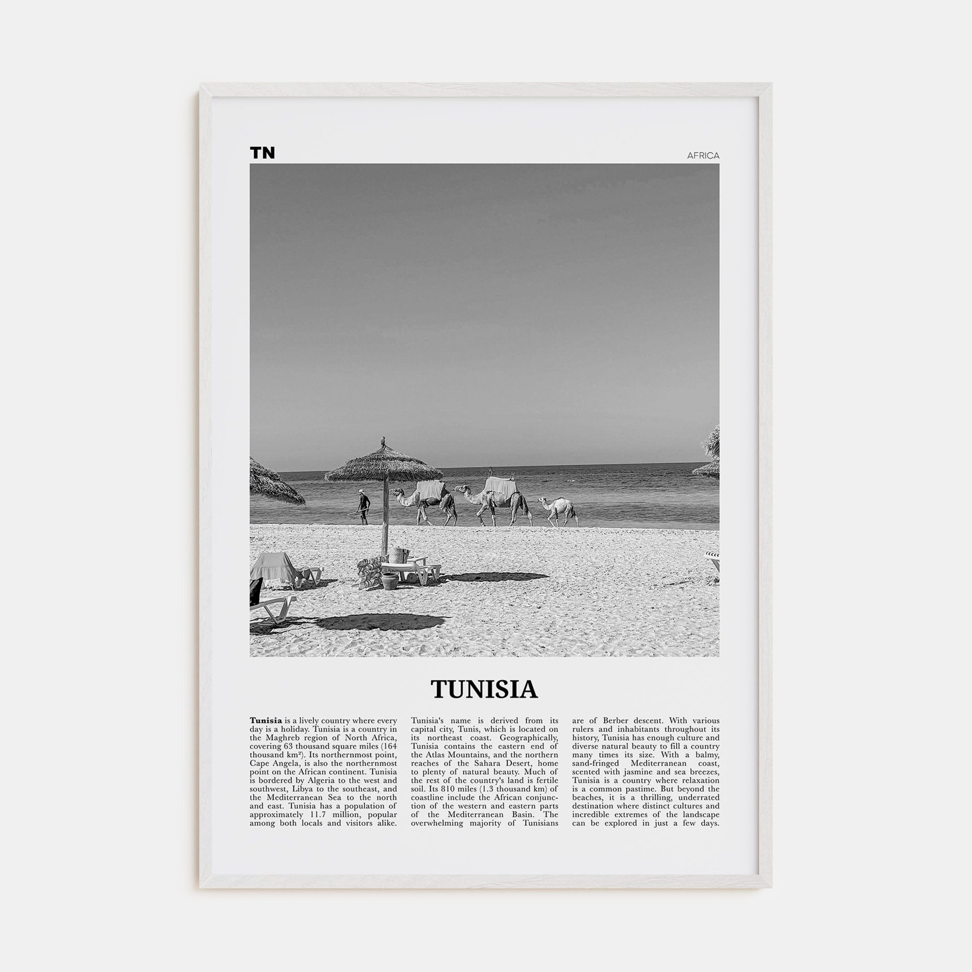 Tunisia Poster White Wood / 8x12 in Nbourhood Travel B&W Poster