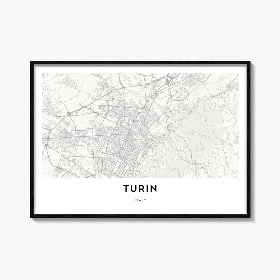 Turin black & white map poster of Italy – horizontal wall art, unframed print shown in interior mockup