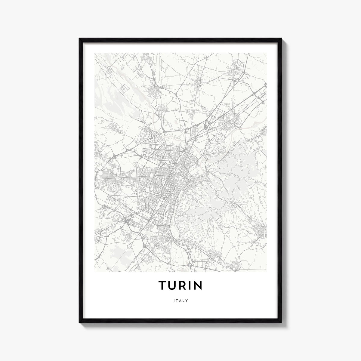 Turin black & white map poster of Italy – vertical wall art, unframed print shown in interior mockup
