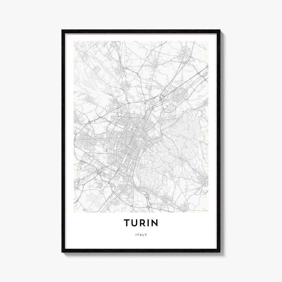 Turin black & white map poster of Italy – vertical wall art, unframed print shown in interior mockup