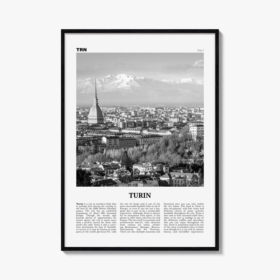 Turin no. 2 black & white newspaper poster of Italy – vertical wall art, unframed print shown in interior mockup