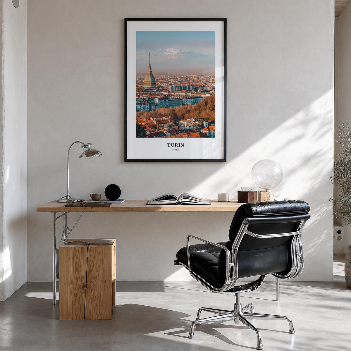 Turin colorful classic poster of Italy – vertical wall art in black wood frame, hanging on wall