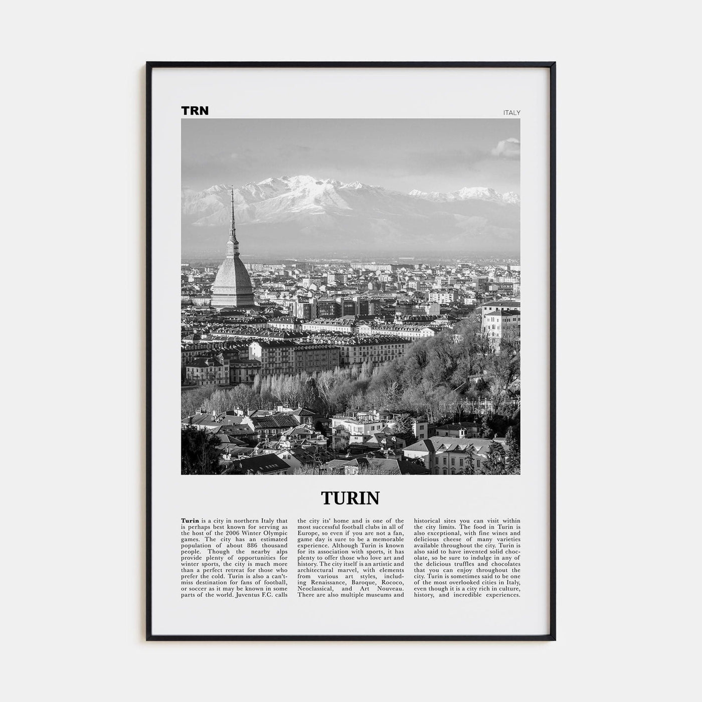 Turin Poster Black Metal / 8x12 in Nbourhood Travel B&W Poster