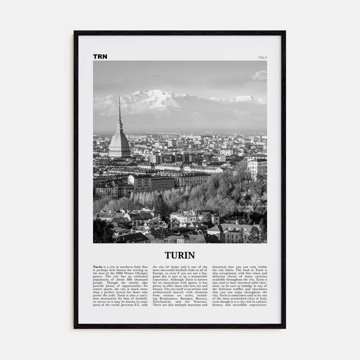 Turin Poster Black Wood / 8x12 in Nbourhood Travel B&W Poster