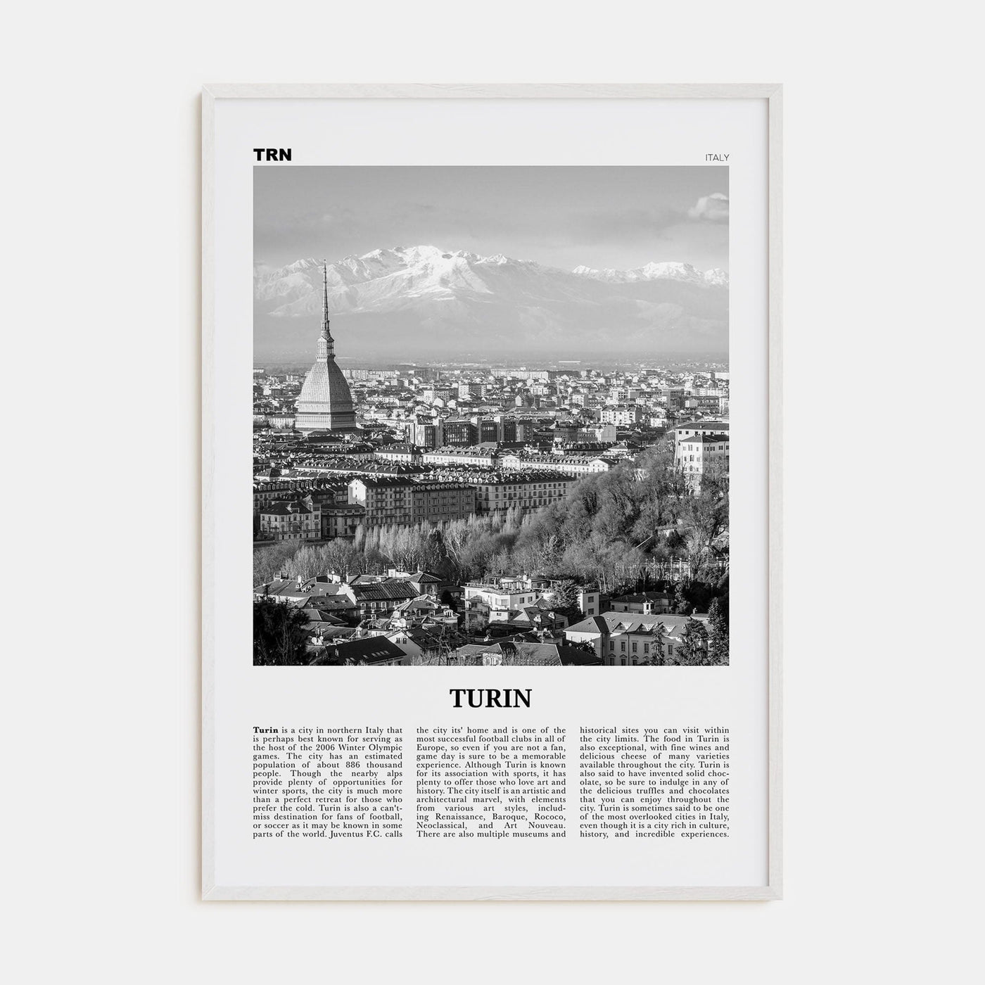 Turin Poster White Wood / 8x12 in Nbourhood Travel B&W Poster