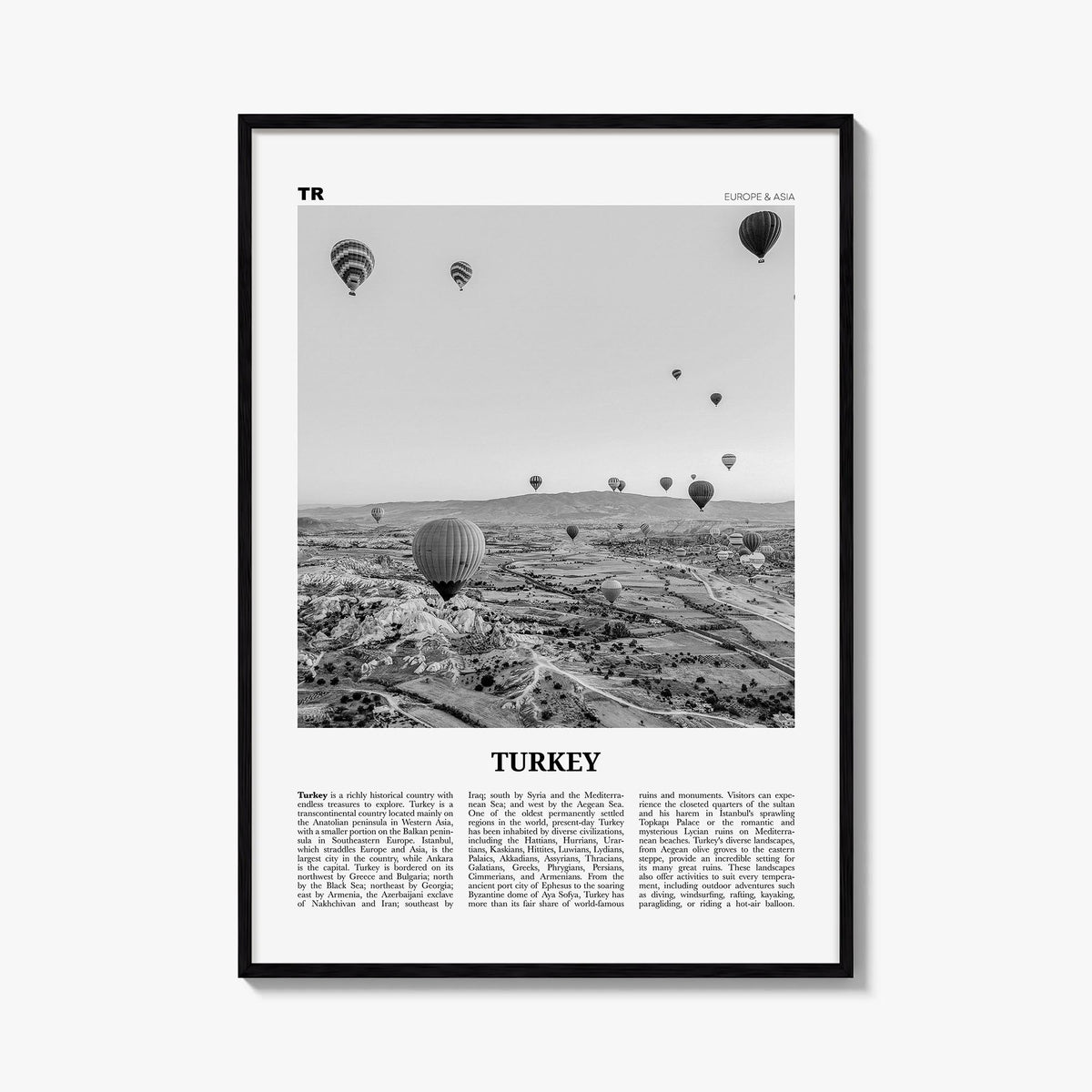 Turkey black & white newspaper poster of Türkiye – vertical wall art, unframed print shown in interior mockup