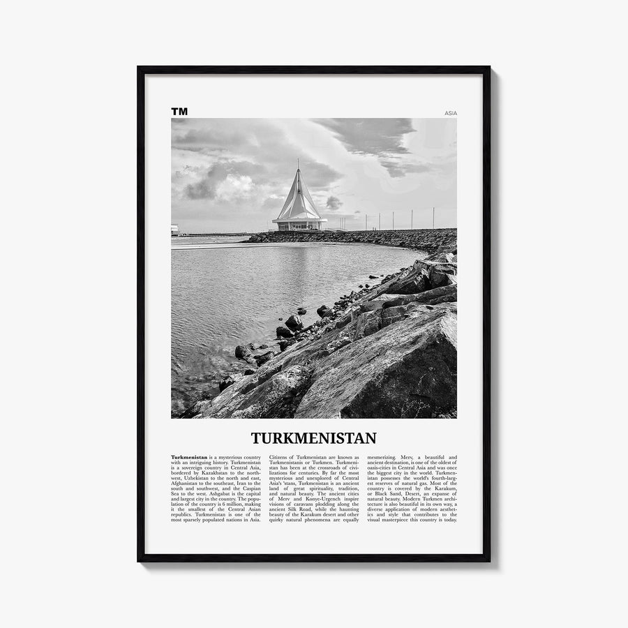 Turkmenistan black & white newspaper poster of Asia – vertical wall art, unframed print shown in interior mockup