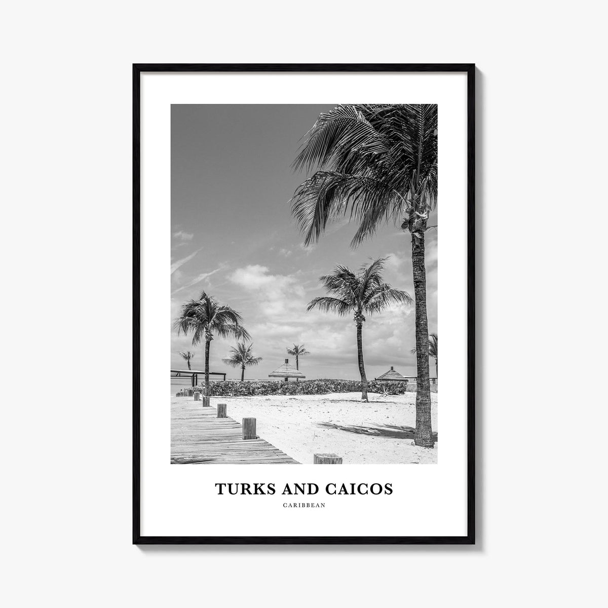 Turks and Caicos Islands black & white classic poster of Caribbean – vertical wall art, unframed print shown in interior mock