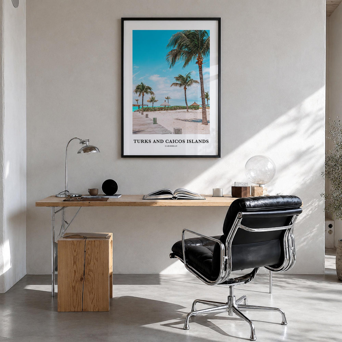 Turks and Caicos Islands colorful classic poster of North America – vertical wall art in black wood frame, hanging on wall