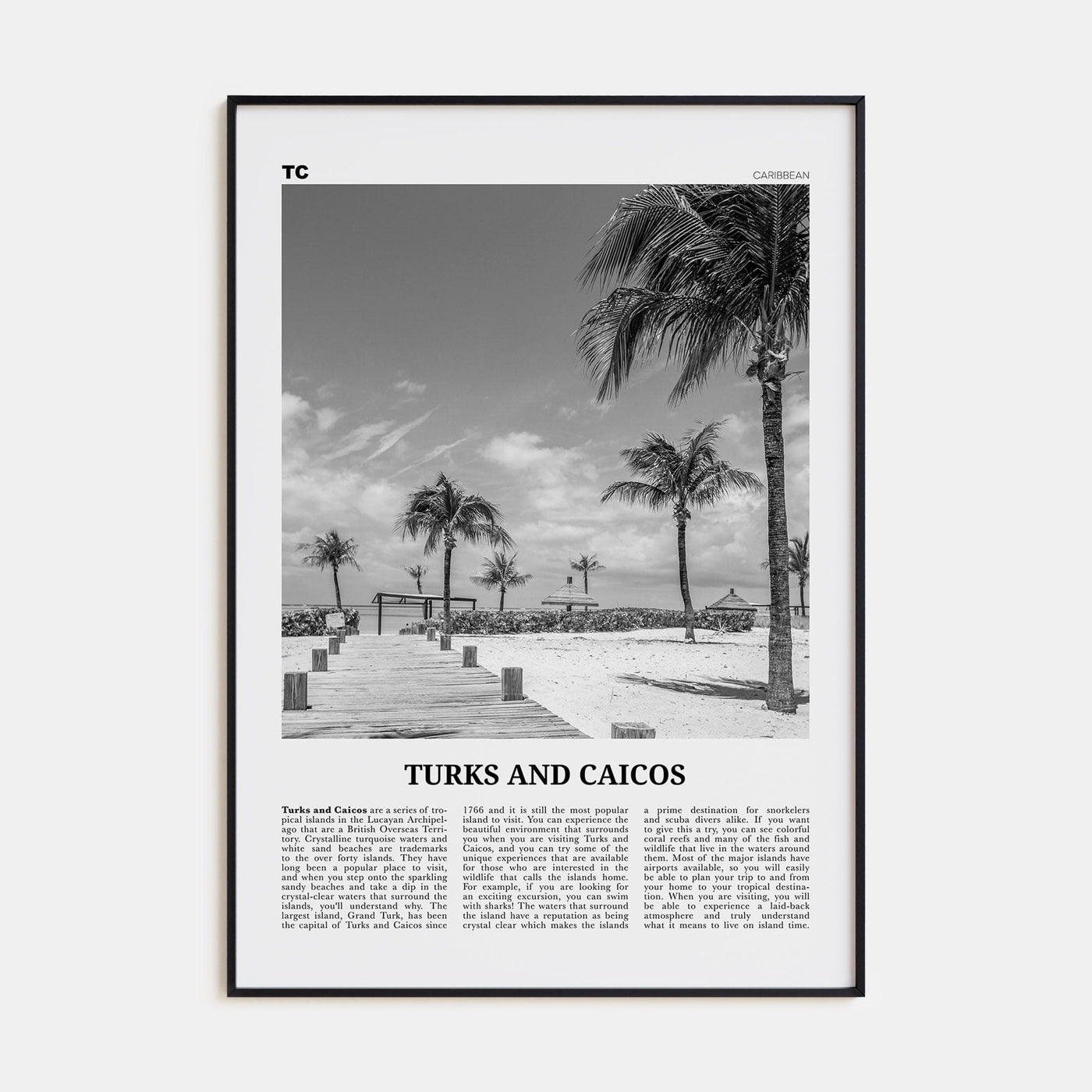 Turks and Caicos Islands Poster Black Metal / 8x12 in Nbourhood Travel B&W Poster