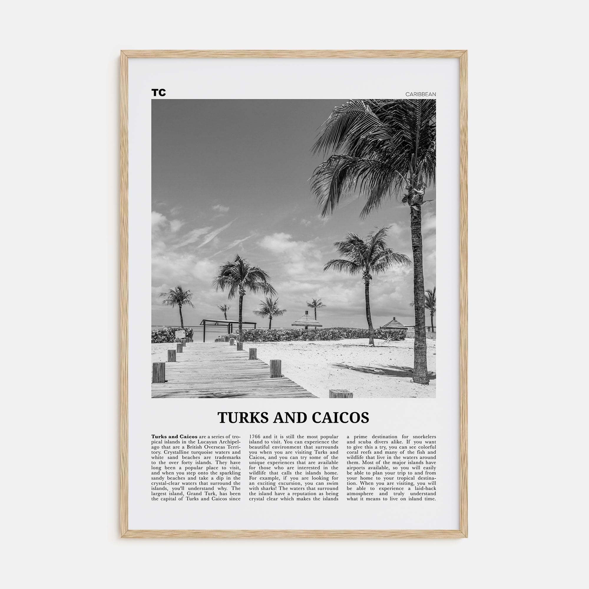 Turks and Caicos Islands Poster Natural Wood / 8x12 in Nbourhood Travel B&W Poster