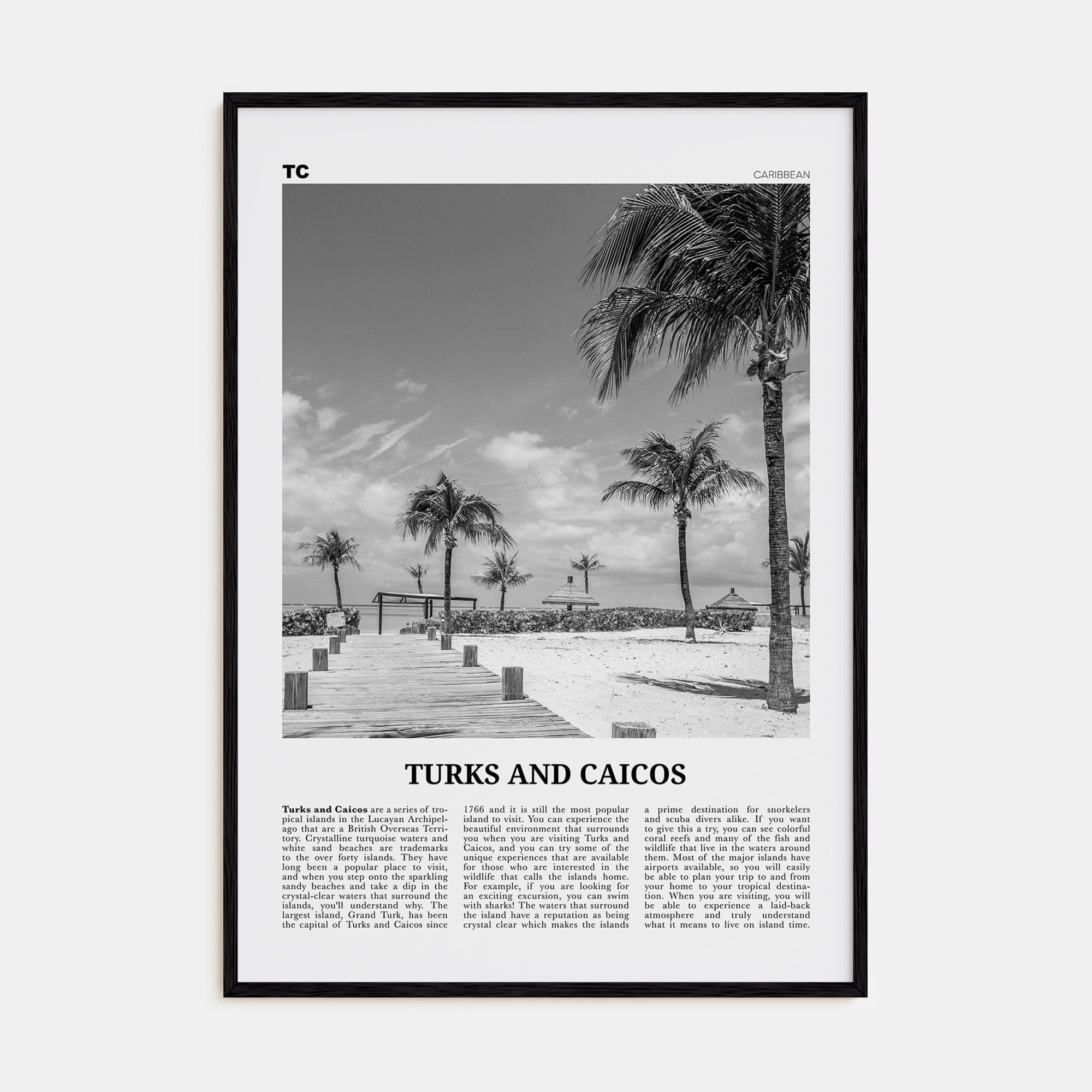 Turks and Caicos Islands Poster Black Wood / 8x12 in Nbourhood Travel B&W Poster