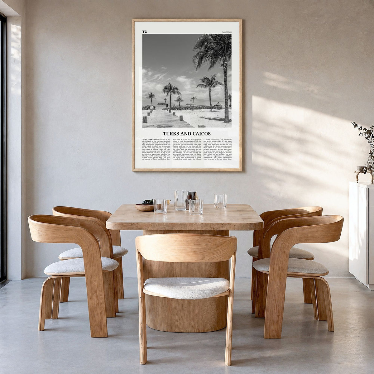Turks and Caicos Islands Newspaper Poster in a natural wood frame, hanging in a dining room