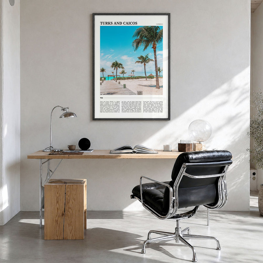 Turks and Caicos Islands Travel Poster in a black wood frame, hanging in a bright home office