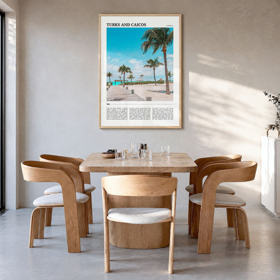 Turks and Caicos Islands Travel Poster in a natural wood frame, hanging in a dining room