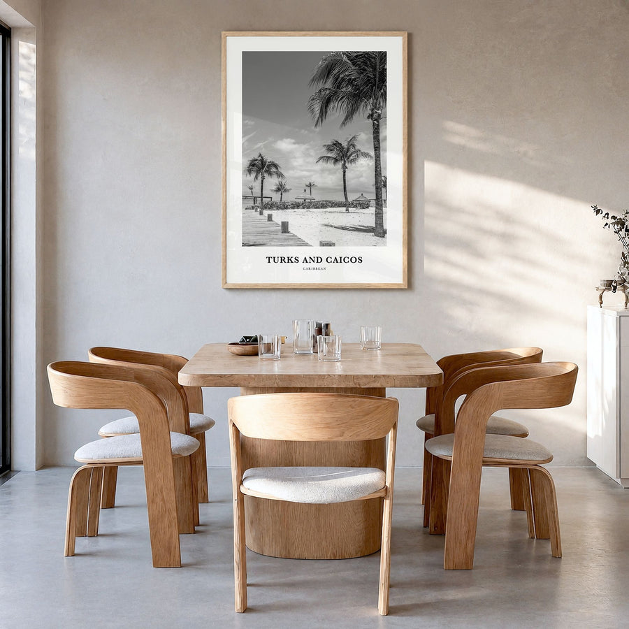 Turks and Caicos Islands Classic Poster in a natural wood frame, hanging in a dining room