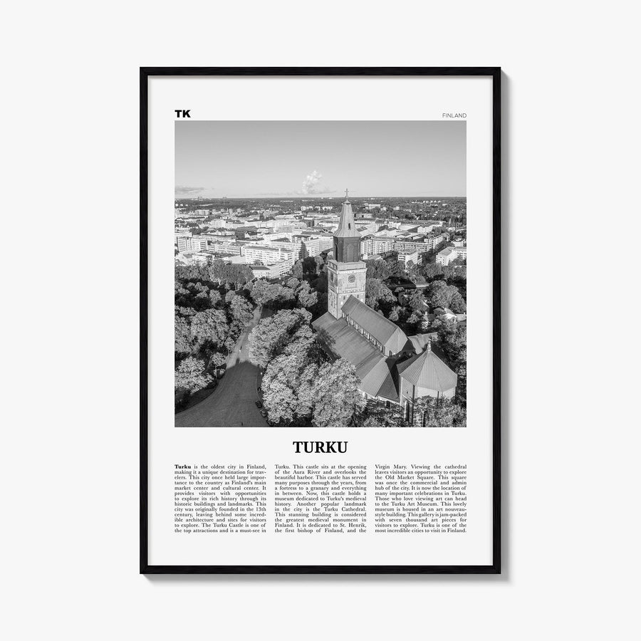 Turku black & white newspaper poster of Finland – vertical wall art, unframed print shown in interior mockup