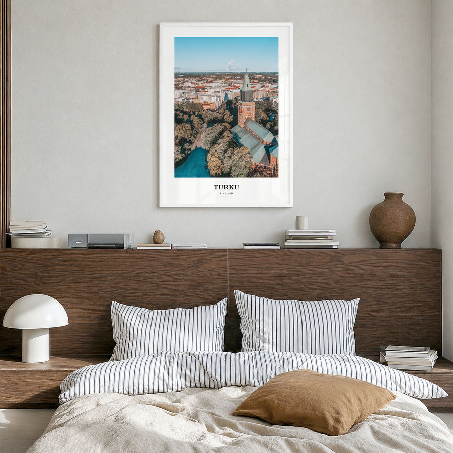 Turku Classic Poster in a white wood frame, hanging in a bedroom