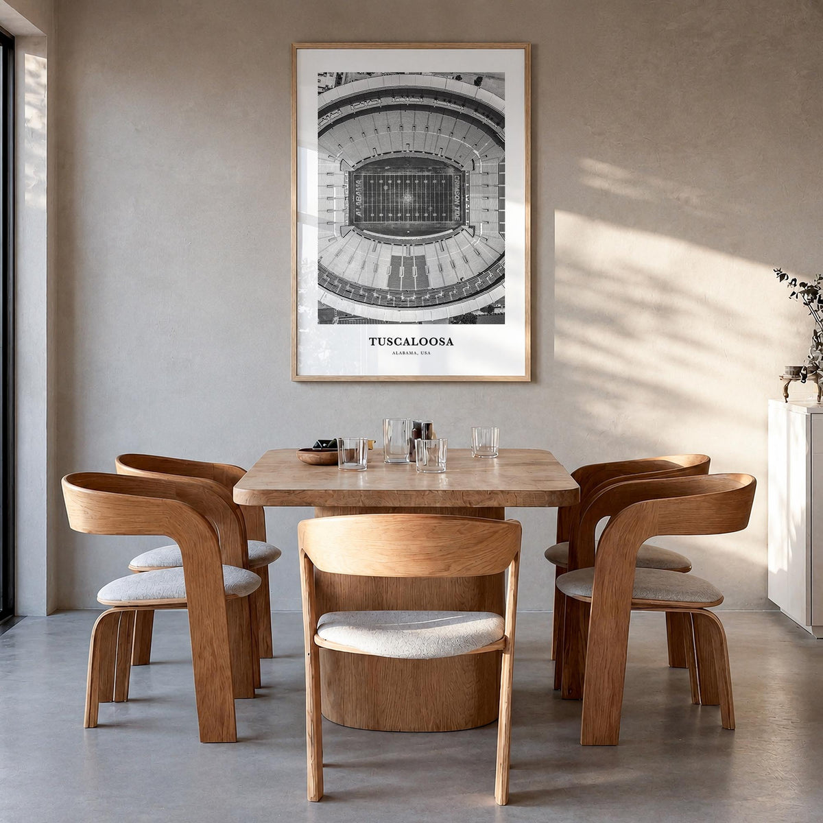Tuscaloosa black & white classic poster of Alabama, USA – vertical wall art in natural wood frame, hanging on wall