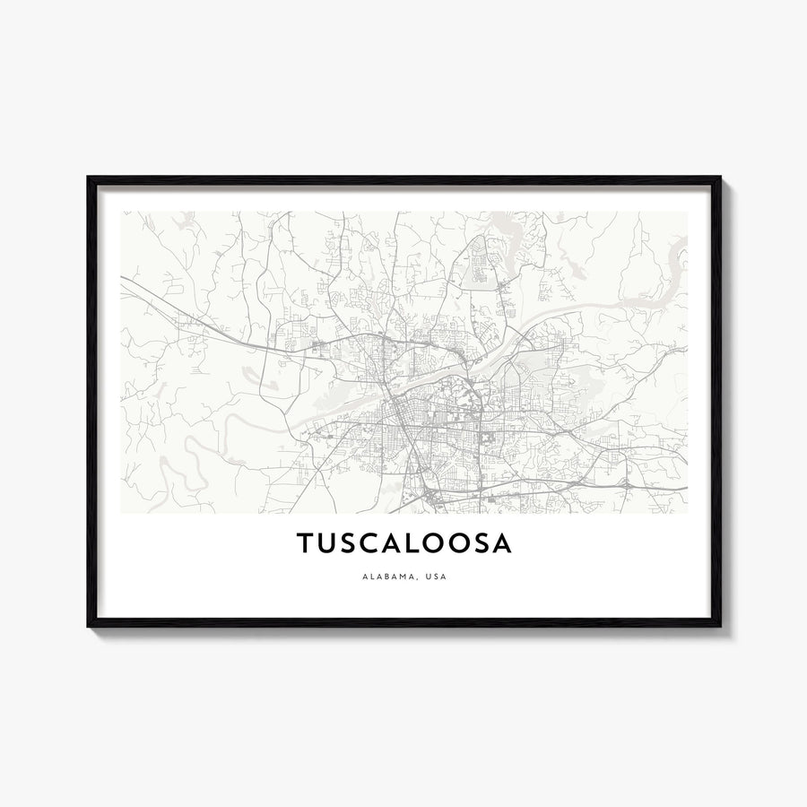 Tuscaloosa black & white map poster of Alabama, USA – horizontal wall art, unframed print shown in interior mockup