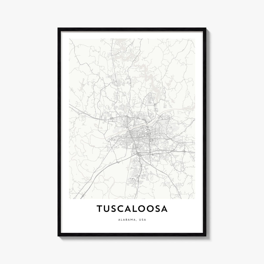 Tuscaloosa black & white map poster of Alabama, USA – vertical wall art, unframed print shown in interior mockup
