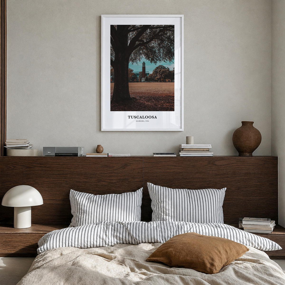 Tuscaloosa colorful classic poster of Alabama, USA – vertical wall art in white wood frame, hanging on wall