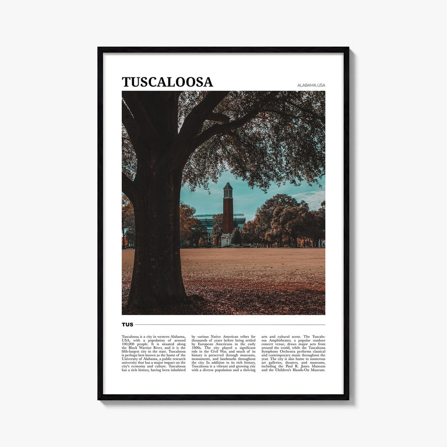 Tuscaloosa colorful travel poster of Alabama, USA – vertical wall art, unframed print shown in interior mockup