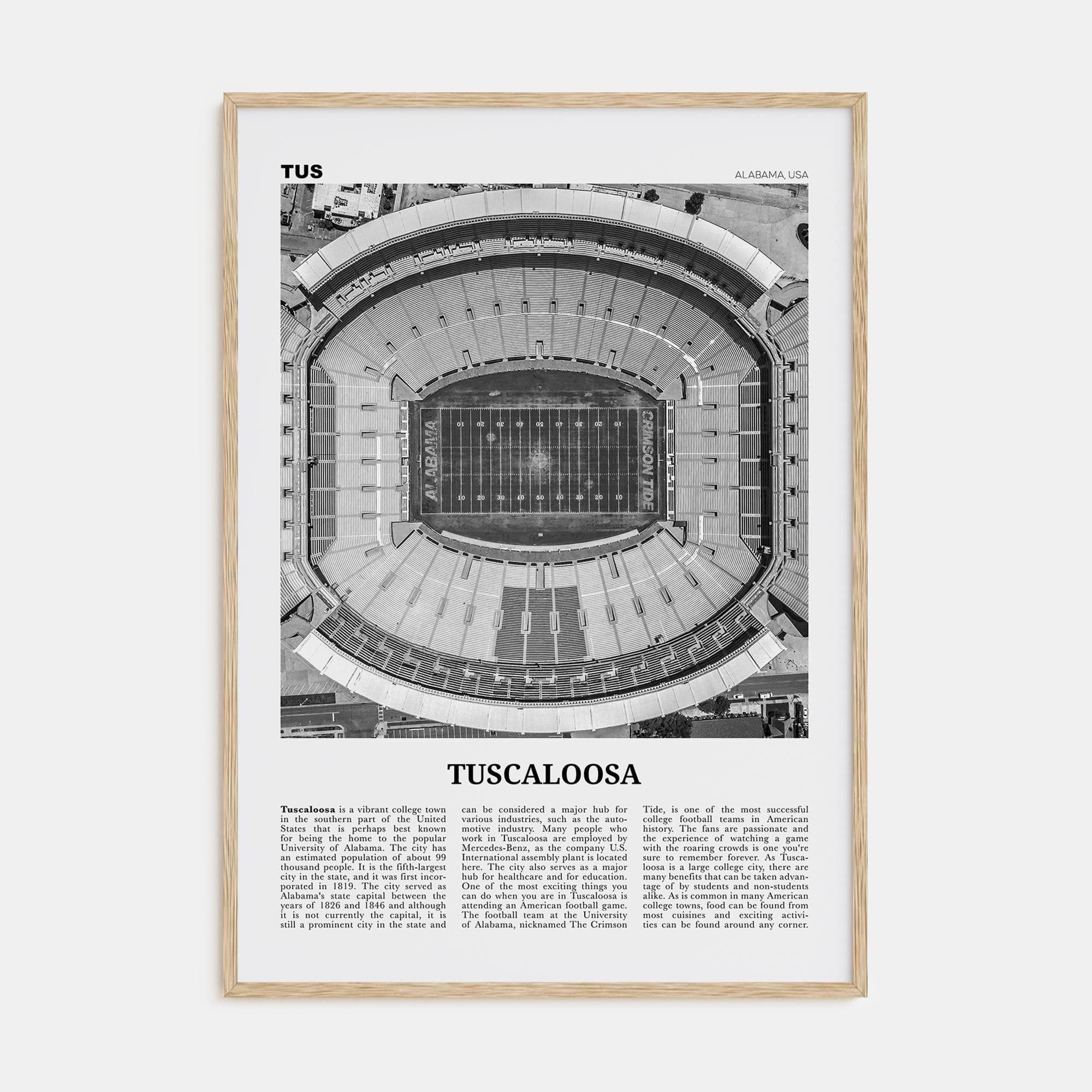 Tuscaloosa No 1 Poster Natural Wood / 8x12 in Nbourhood Travel B&W Poster