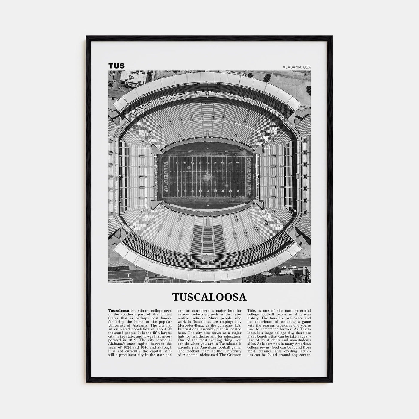 Tuscaloosa No 1 Poster Black Wood / 8x12 in Nbourhood Travel B&W Poster