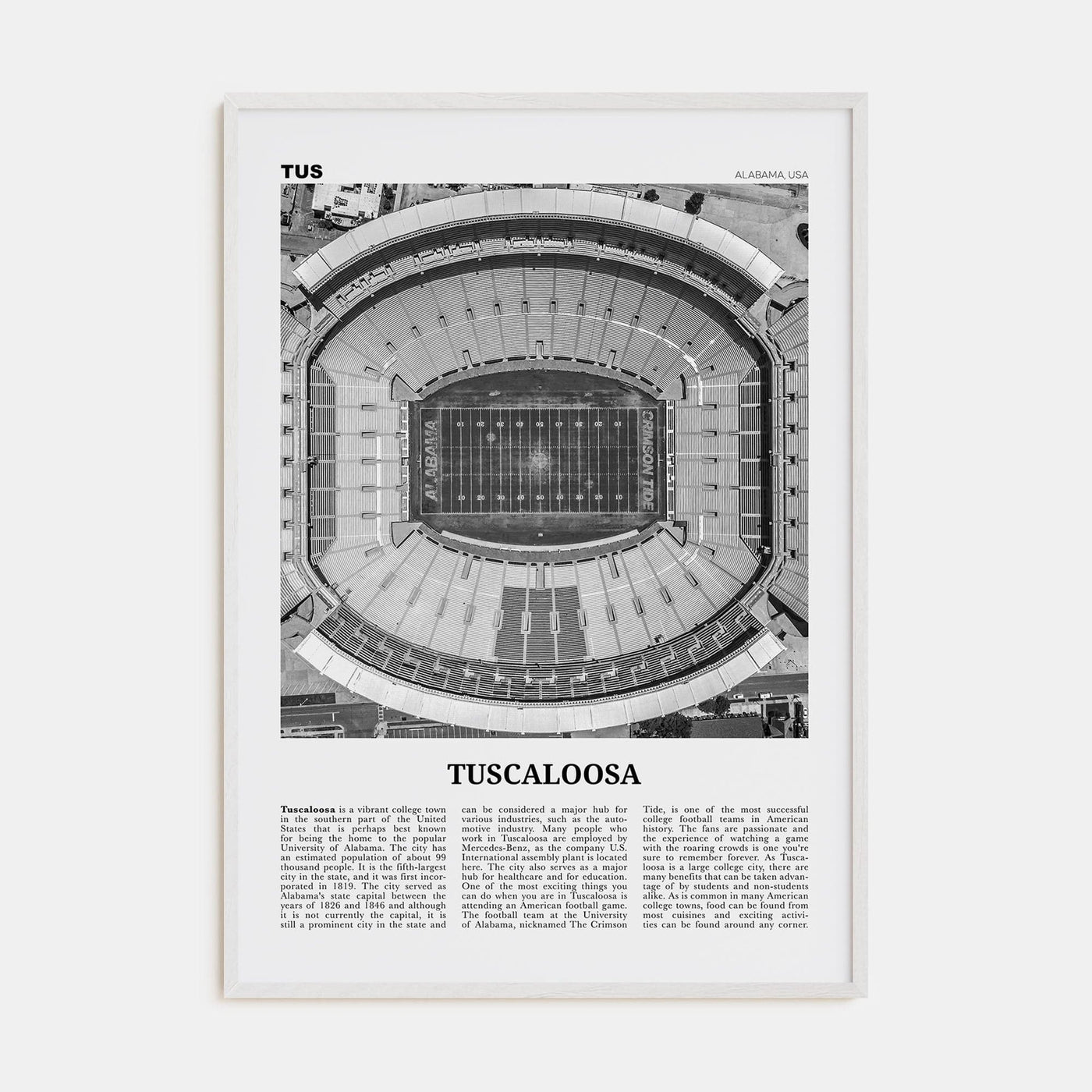 Tuscaloosa No 1 Poster White Wood / 8x12 in Nbourhood Travel B&W Poster