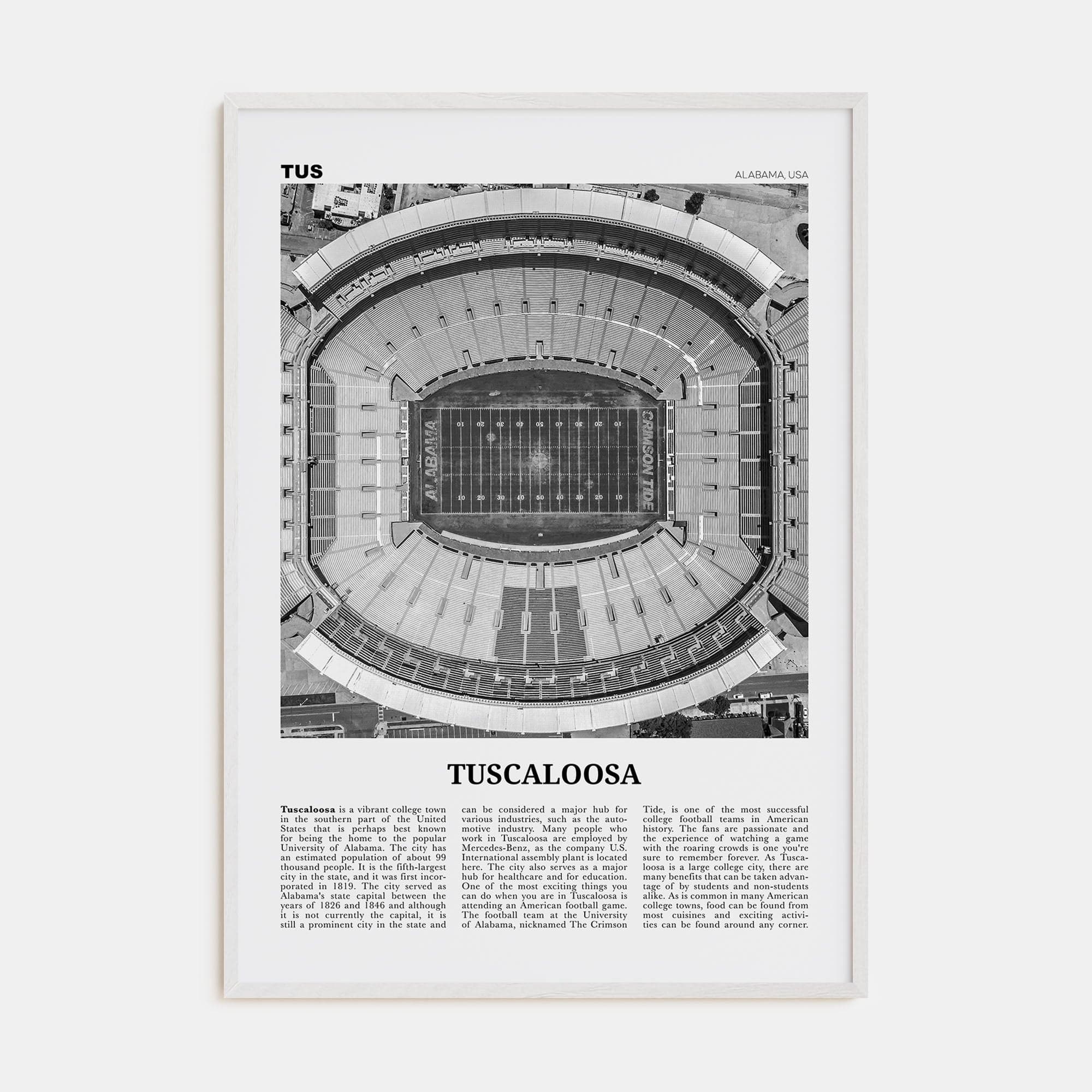 Tuscaloosa No 1 Poster White Wood / 8x12 in Nbourhood Travel B&W Poster