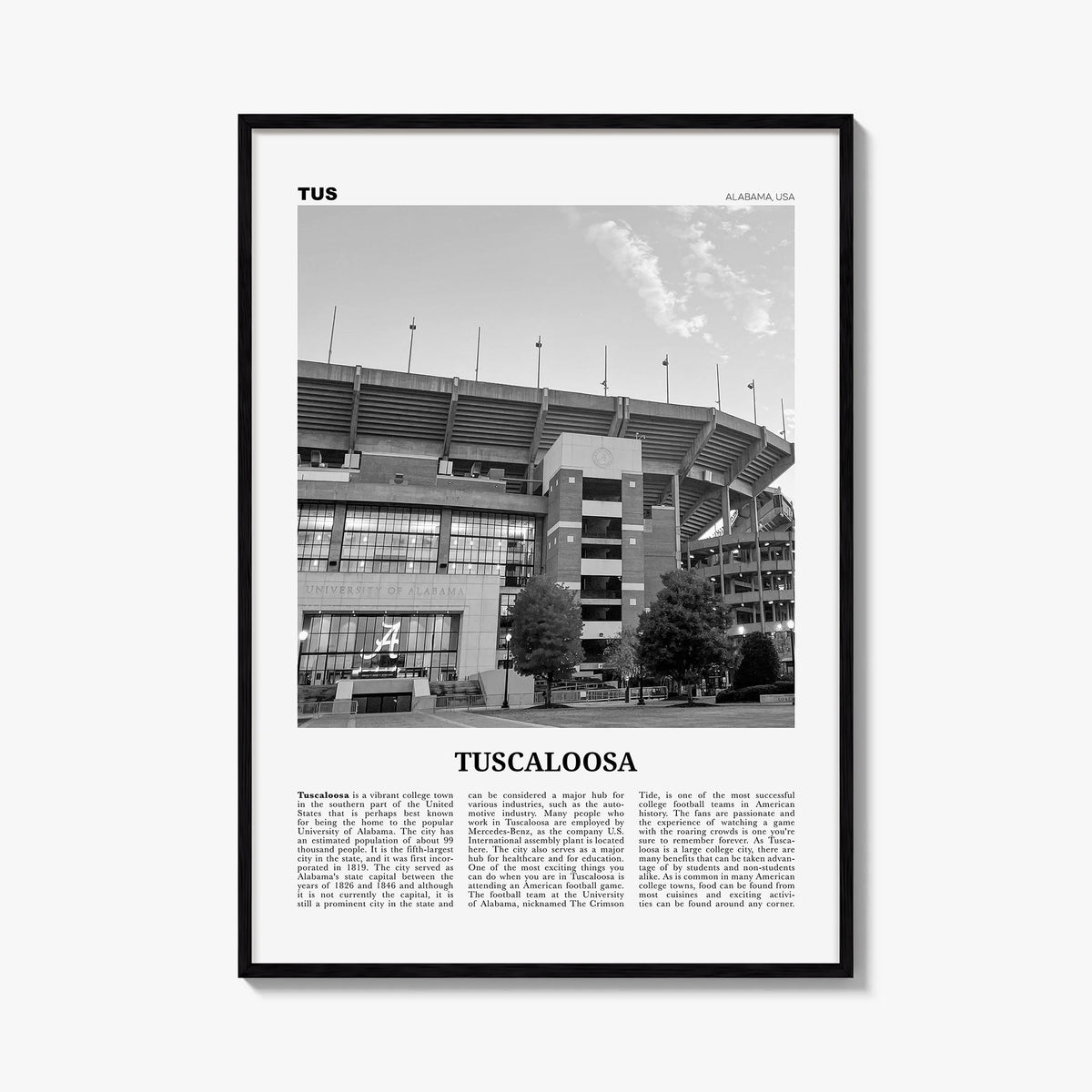 Tuscaloosa no. 2 black & white newspaper poster of Alabama, USA – vertical wall art, unframed print shown in interior mockup