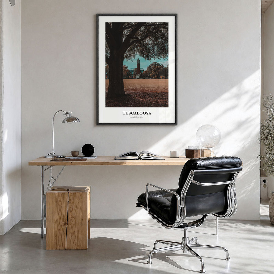 Tuscaloosa Classic Poster in a black wood frame, hanging in a bright home office