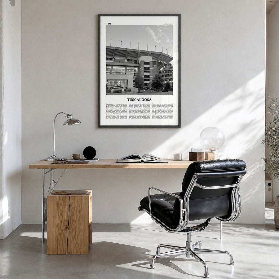 Tuscaloosa Newspaper No 2 Poster in a black wood frame, hanging in a bright home office